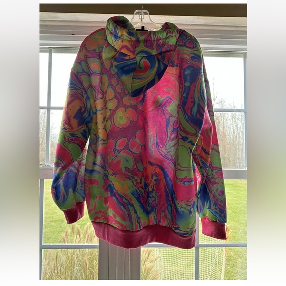 Dolls Kill Club Exx Acid Amoeba Oversized Hoodie New Small Pink Cat Ears Rave - Picture 2 of 7